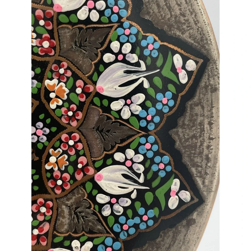 Vintage Turkish Etched Copper Wall Plate Hand-painted Enamel Hanging 7.5